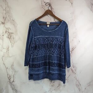 Chicos Shirt Womens Large 2 Blue Lace Half Quarter Sleeve Modal Stretch Scoop